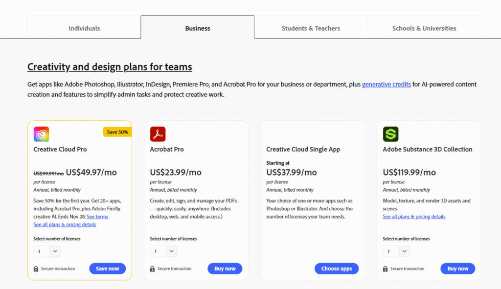 Business and Team Pricing,
Adobe Photoshop Premium Price