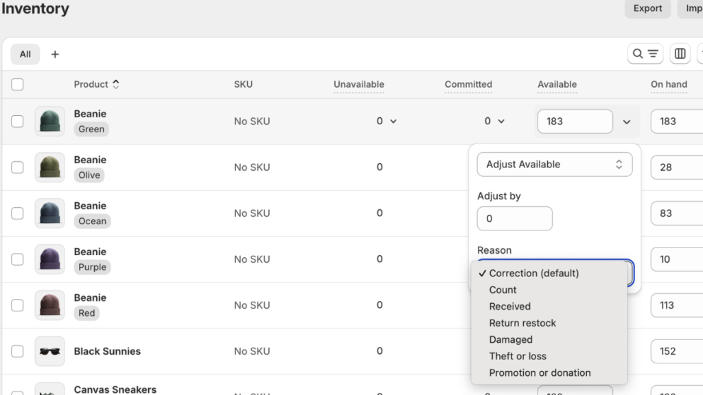 Making Inventory Adjustments in shopify