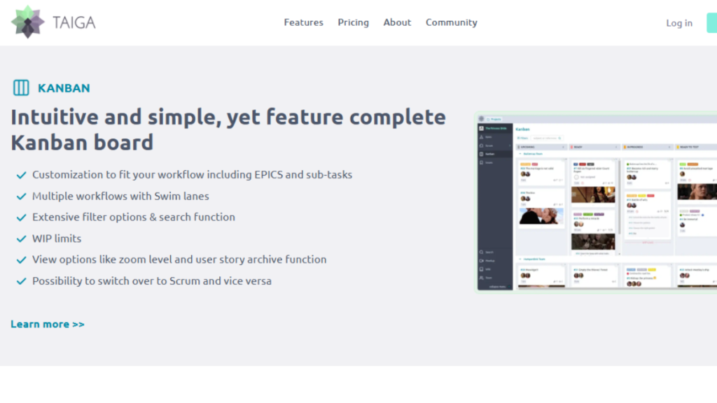 Kanban Projects in Taiga Project Management.